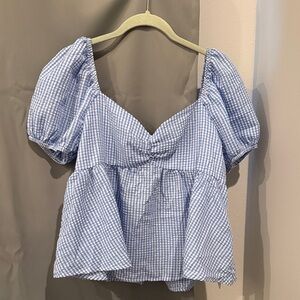 Light Blue Gingham Puff-Sleeve Peplum Blouse